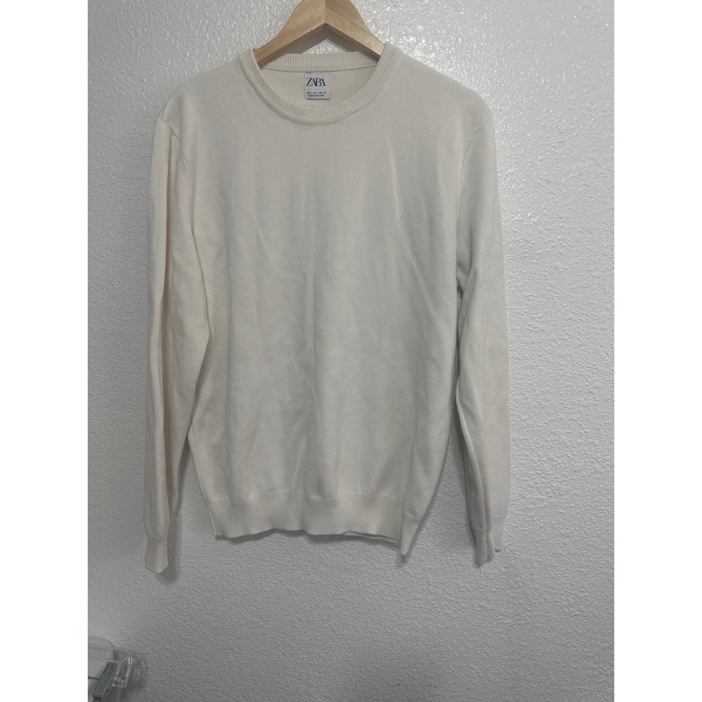 Zara Mens Off White Cream Crewneck Knit Sweater Size Large Long Sleeve Basic